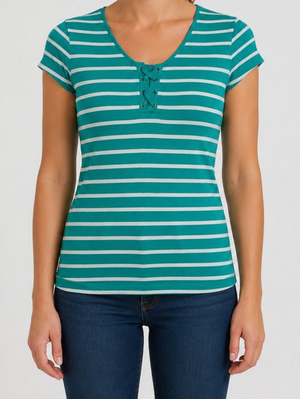 Striped Teal Lace-Up Short Sleeve Top - Women
